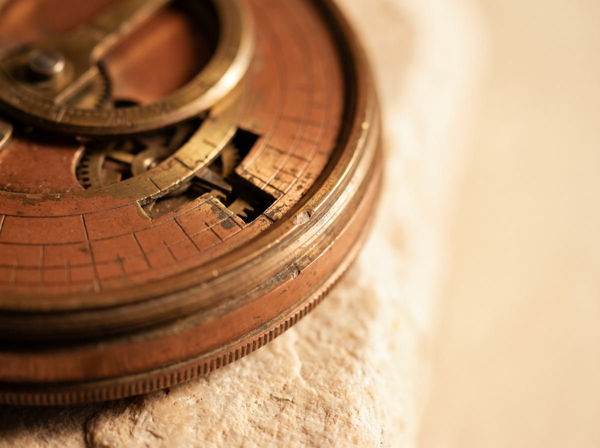 Macro photograph of an aged brass instrument dial in warm patina tones